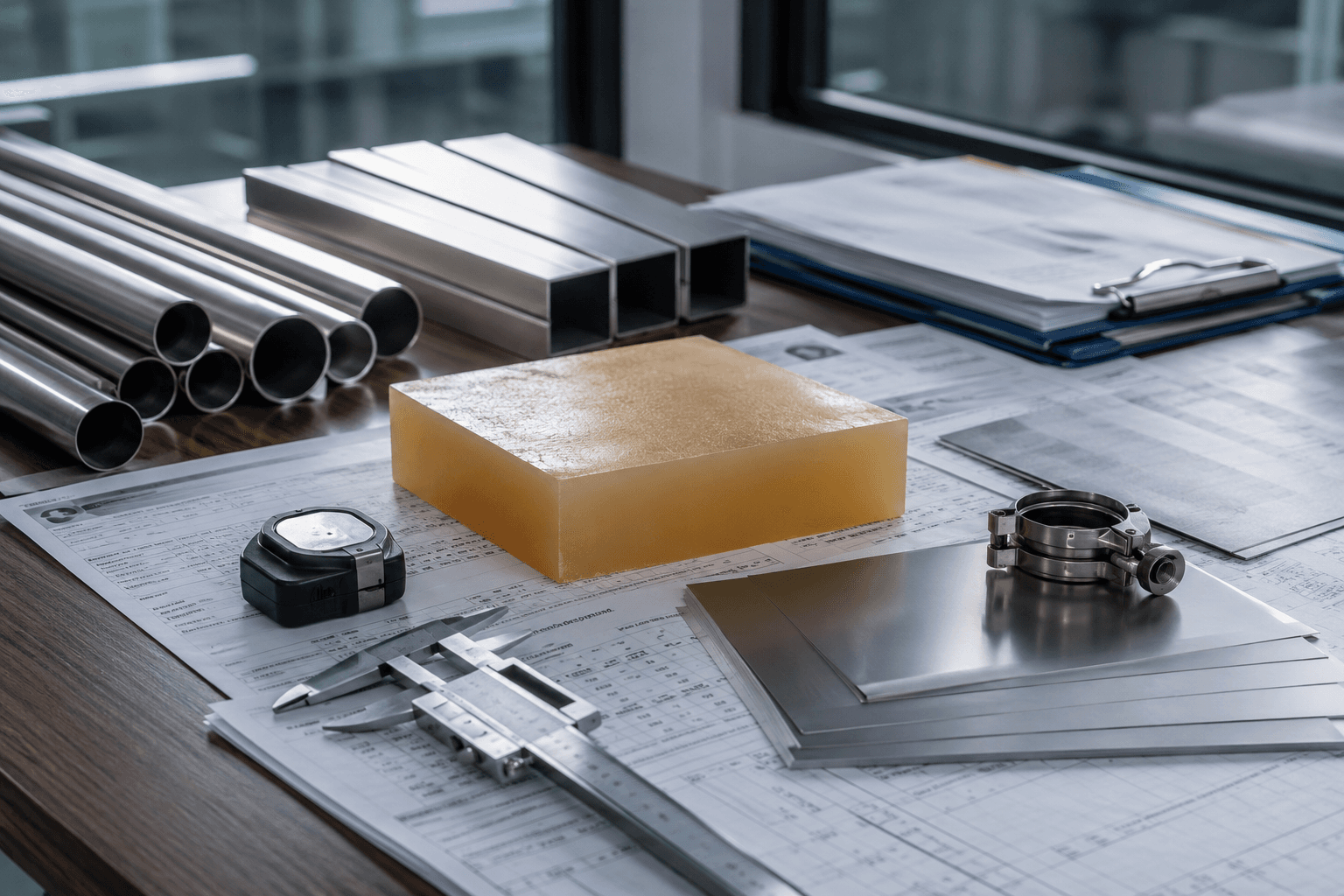 Adhesive and stainless material samples arranged with compliance documents