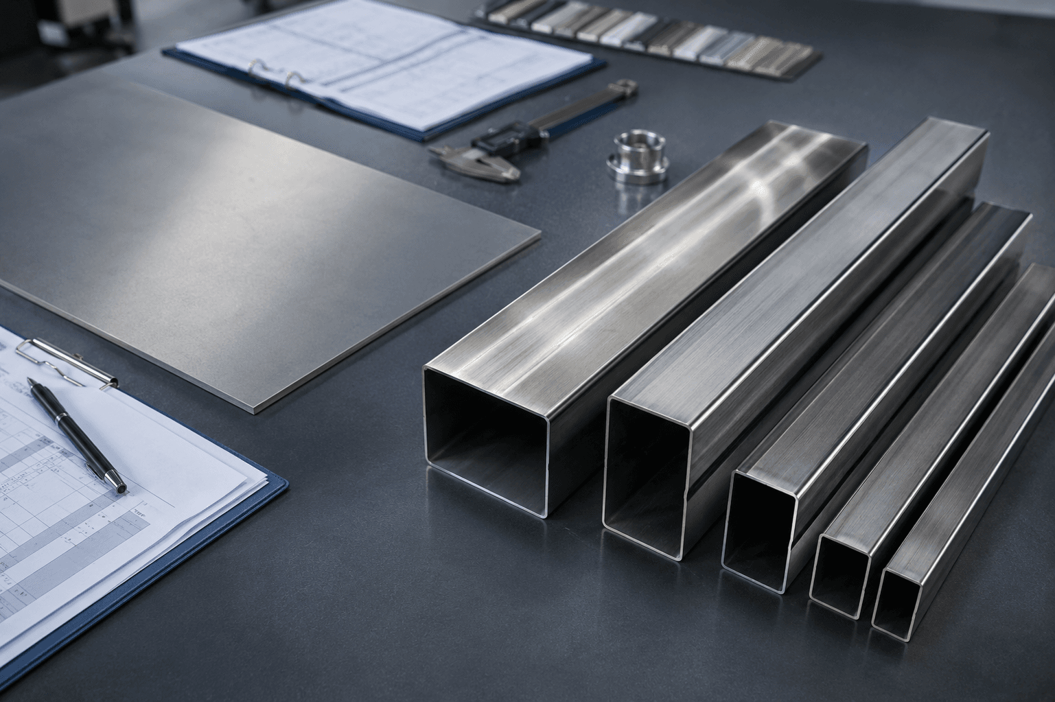 Stainless material samples and technical documents arranged for procurement review