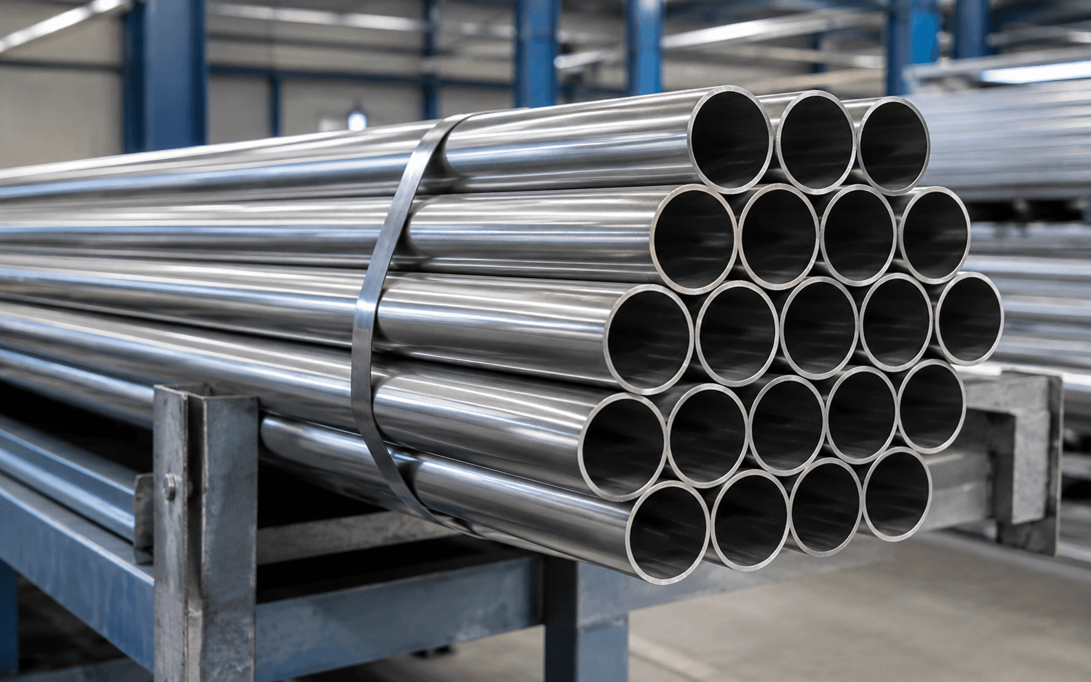 Round stainless steel tubes arranged for industrial process piping